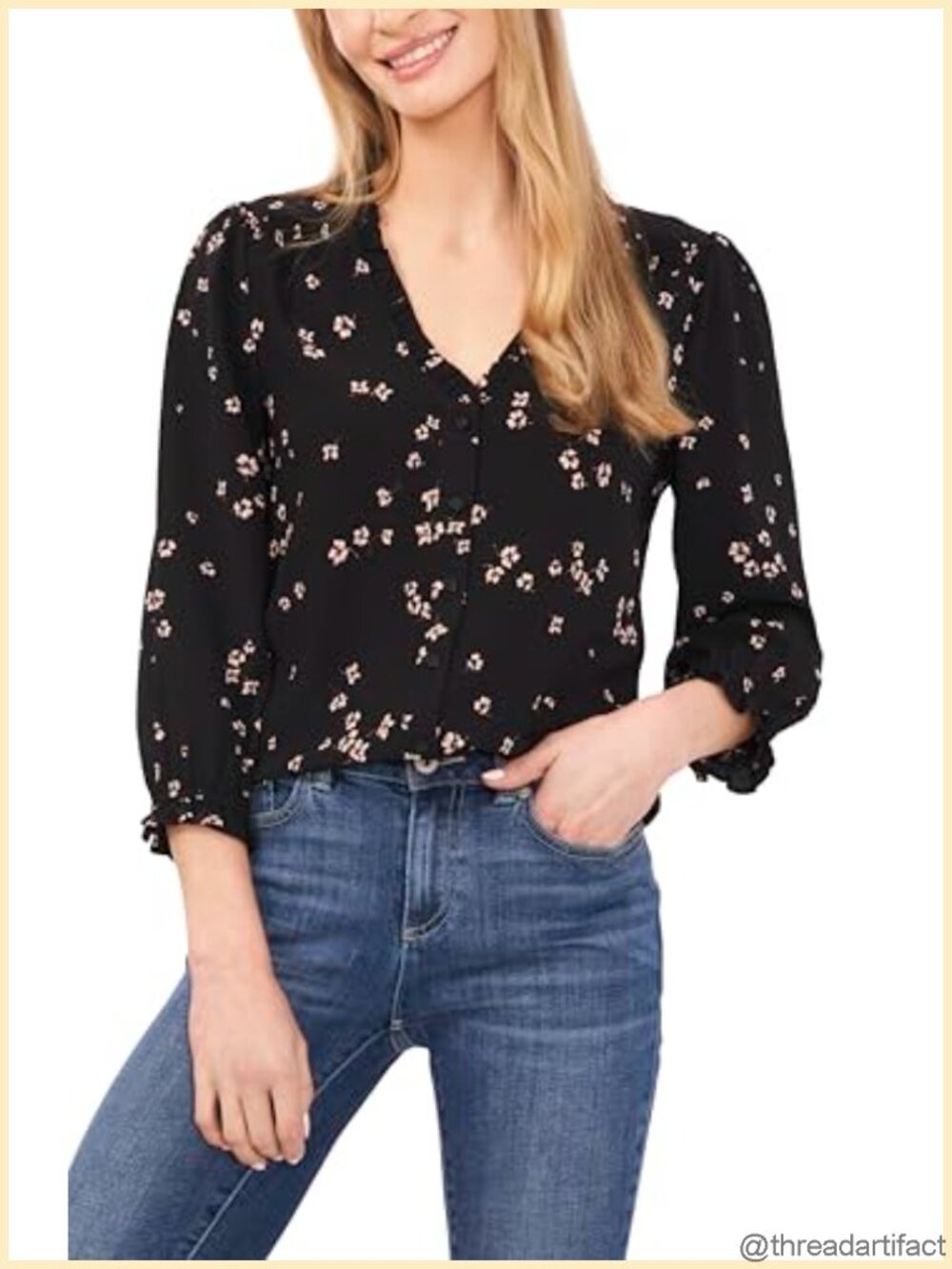 CeCe Women's 3/4 Sleeve V-Neck Button-Down Top Blouse